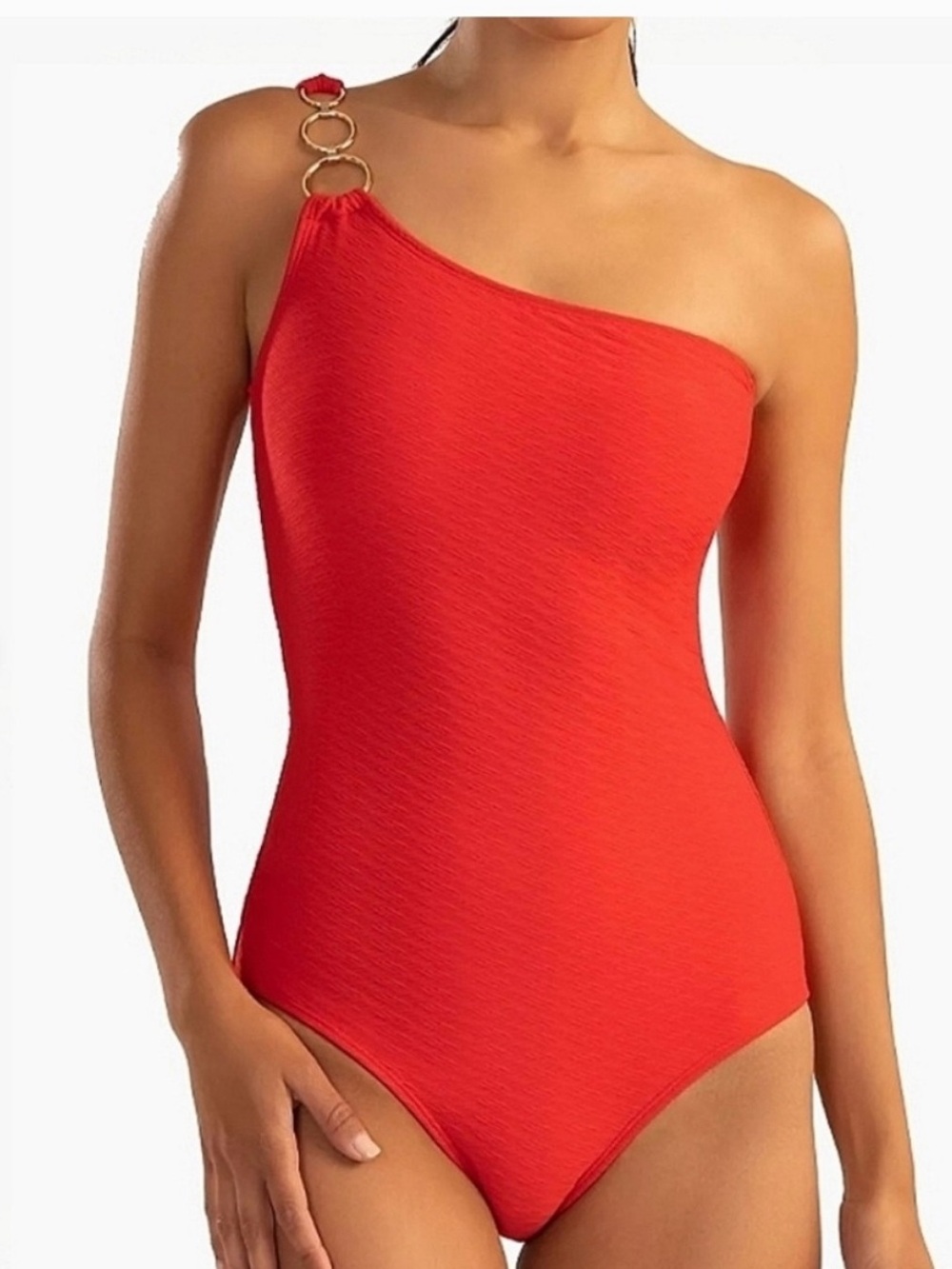 New $298 Shoshanna Textured Sunburst One Shoulder Ring Swim Suit Red 10 NWT